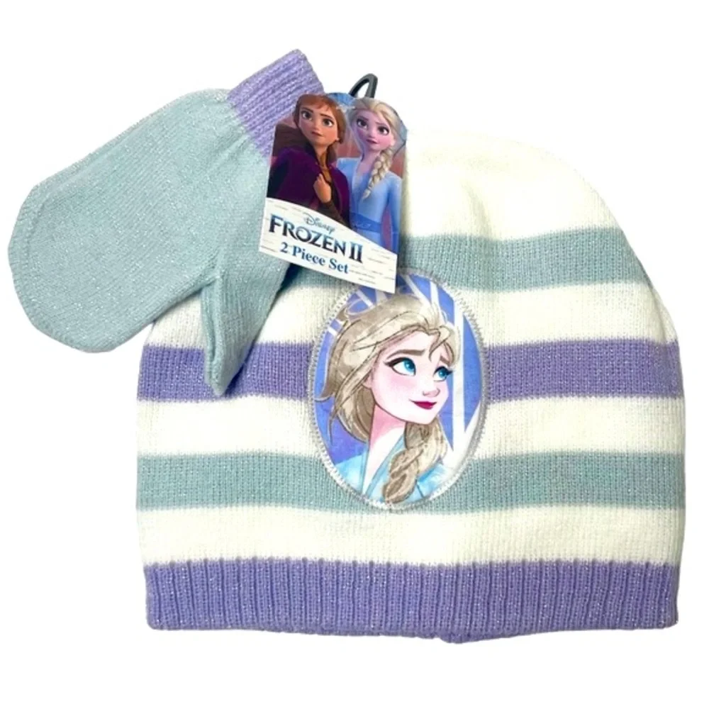 Disney Winter Hat Set Warm Princess Gloves Mittens Frozen Elsa Shimmer Striped